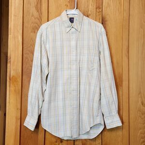 T Harris London Button Down Long Sleeve Casual Shirt, Medium, Blue & Cream Plaid